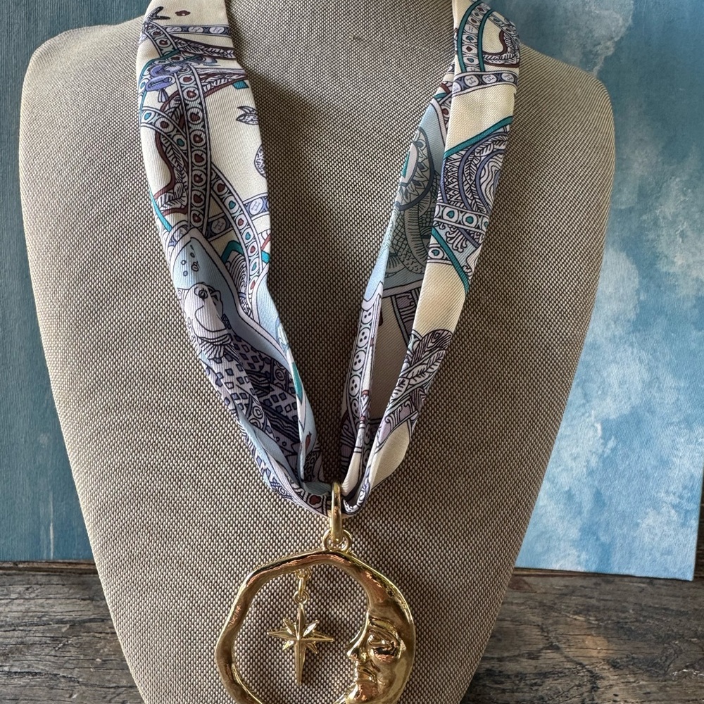 Silk Scarf Necklace with Gold Moon Pendant